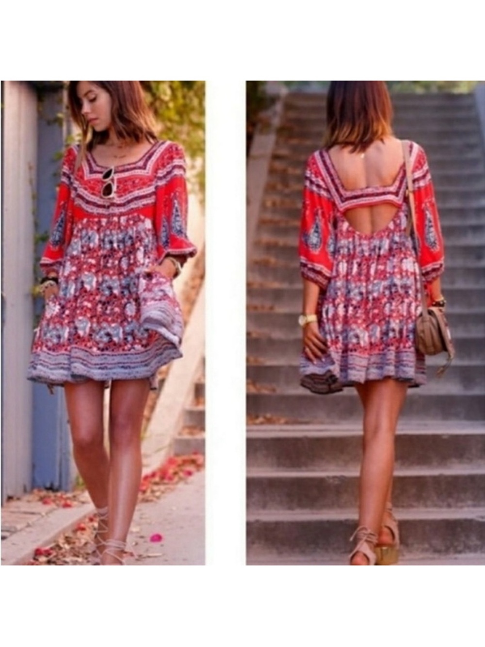 Free People Red Printed Boho Open-Back Mini Dress